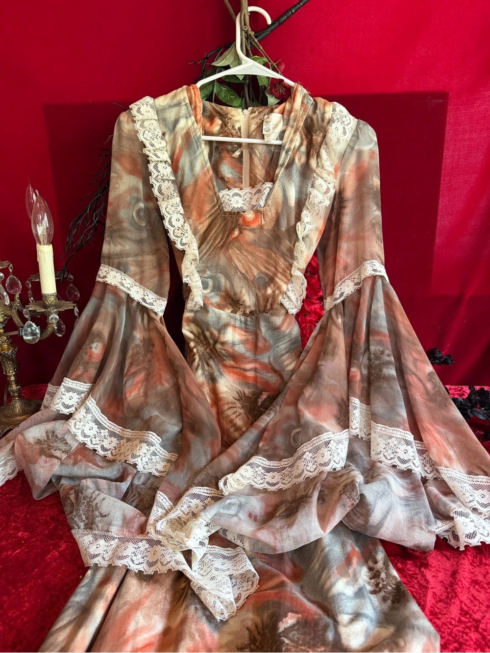 Gunne Sax Style Lace-Trim Flowing Maxi Dress in Rust and Taupe